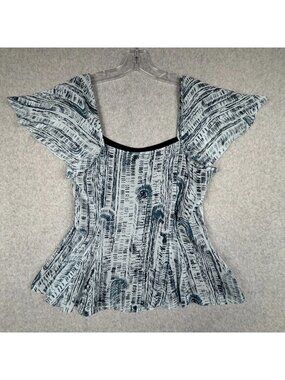 Theory Blouse Top Womens 6 Blue White Abstract Silk Flutter Sleeve Lined Classic